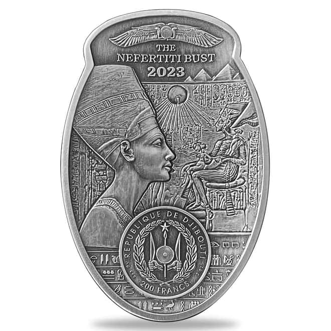 2023 3 oz Silver The Nefertiti Bust 3D Shaped Coin Djibouti .999 Fine (w/Box & COA)