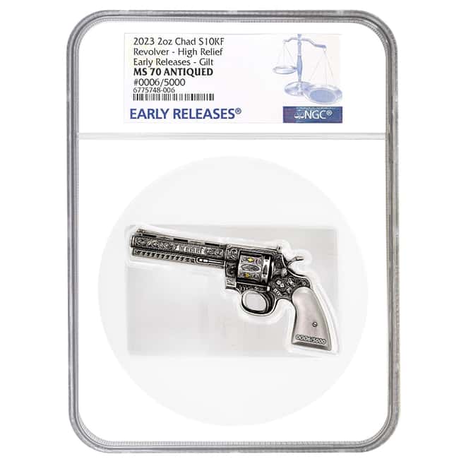 2023 Chad 2 oz Silver Revolver Gun Coin Serial #6 NGC MS 70 ER Shaped High Relief