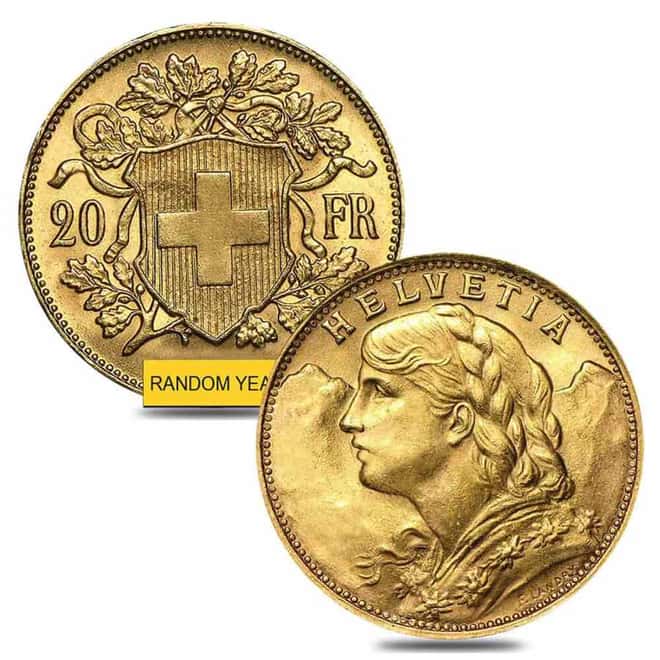 20 Francs Swiss Helvetia Vreneli Gold Coin AGW .1867 oz AU/BU (1897-1949, Random Year)