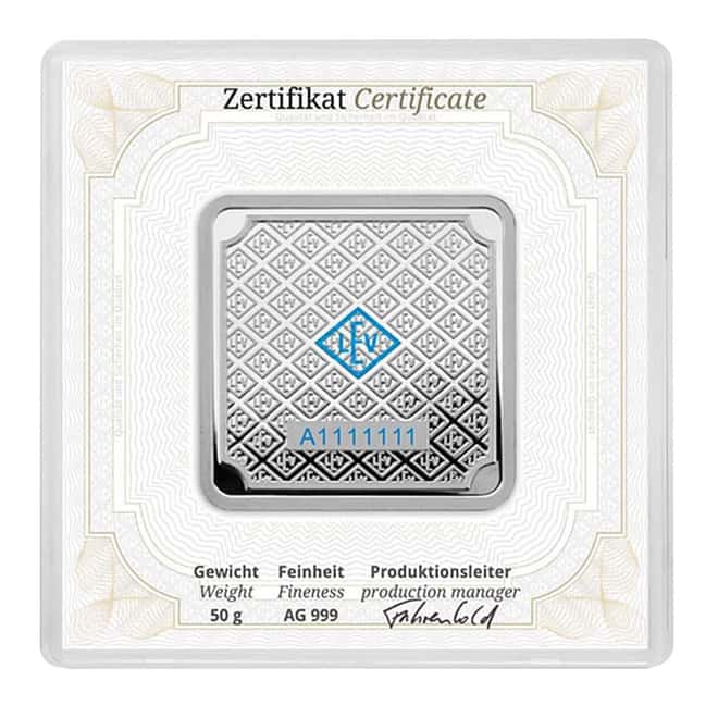 50 gram Geiger Original Square Silver Bar .999 Fine (In Assay)
