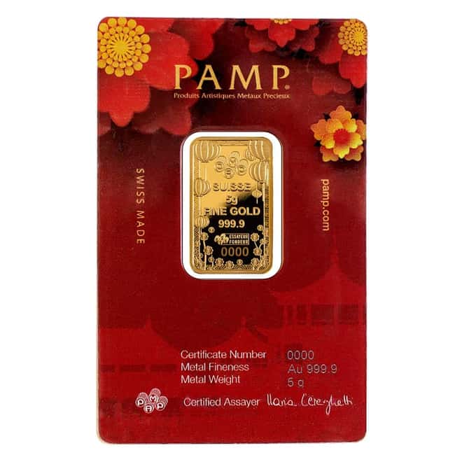 5 gram PAMP Suisse Good Luck Gold Bar .9999 Fine (In Assay)