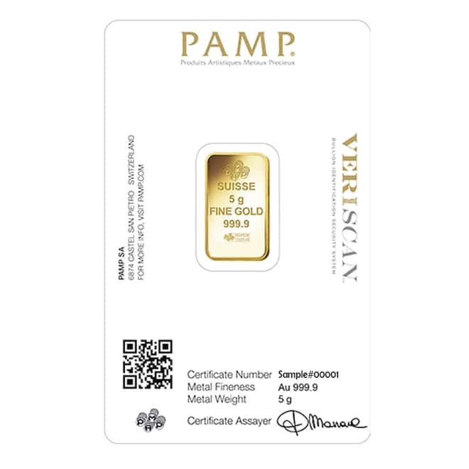 5 Gram Gold Bar PAMP Suisse Lady Fortuna Veriscan .9999 Fine (in Assay)