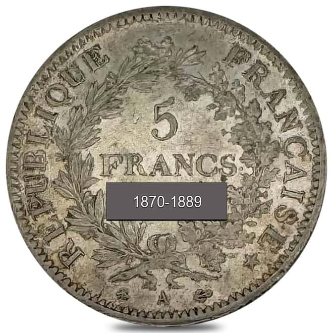 1870-1889 France 5 Francs Hercules Silver Coin AU