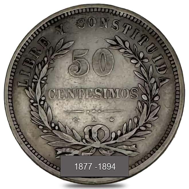 1877-1894 Uruguay 50 Centesimos Silver Coin Avg Circ
