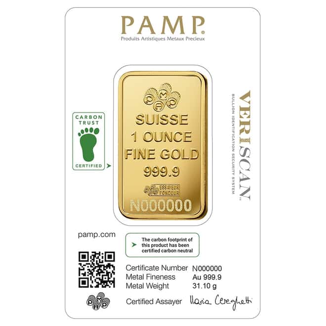 1 oz Gold Bar PAMP Suisse Lady Fortuna Veriscan Carbon Neutral (in Assay)