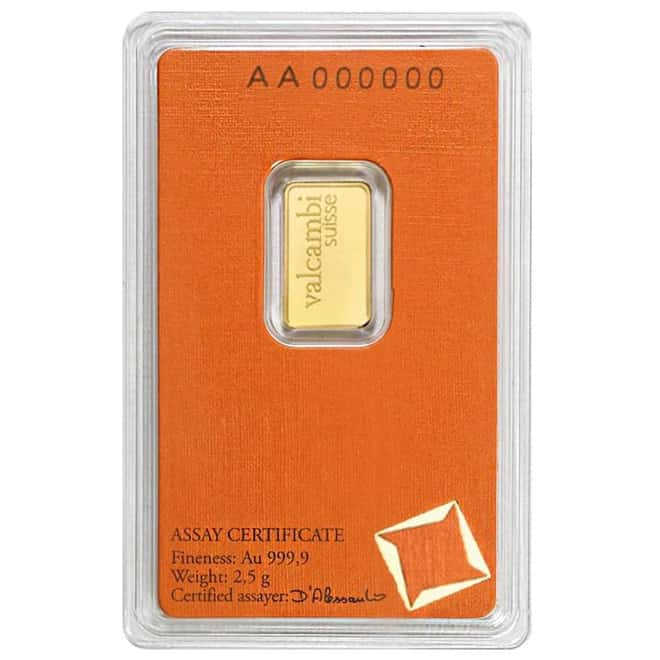 2.5 Gram Gold Bar Valcambi Suisse .9999 Fine (in Assay)