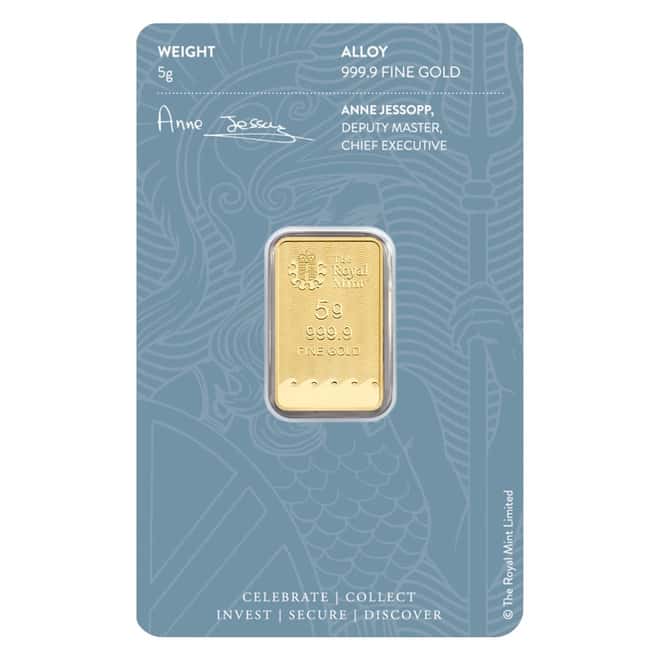 5 gram Britannia Gold Bar .9999 Fine (In Assay)
