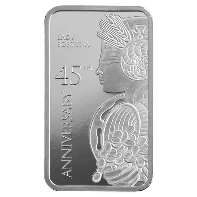 1 oz Silver Bar PAMP Suisse Lady Fortuna 45th Ann (in Assay)