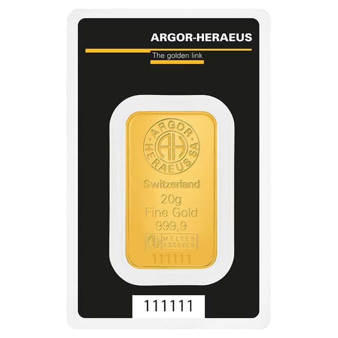 20 Gram Argor Heraeus Gold Bar .9999 Fine (in Assay)