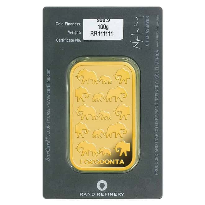 100 Gram Rand Refinery Gold Bar .9999 Fine (in Assay)