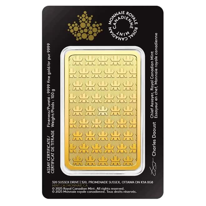 100 Gram Royal Canadian Mint RCM Wafer Gold Bar .9999 Fine (in Assay)