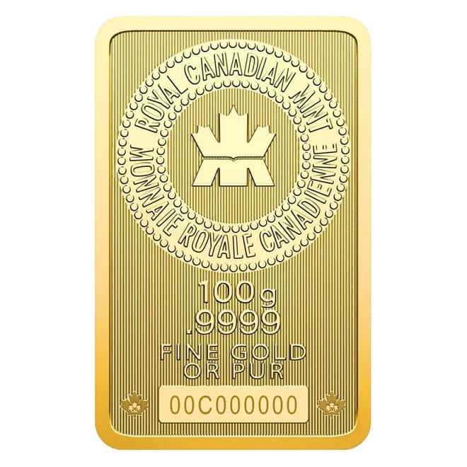 100 Gram Royal Canadian Mint RCM Wafer Gold Bar .9999 Fine (in Assay)