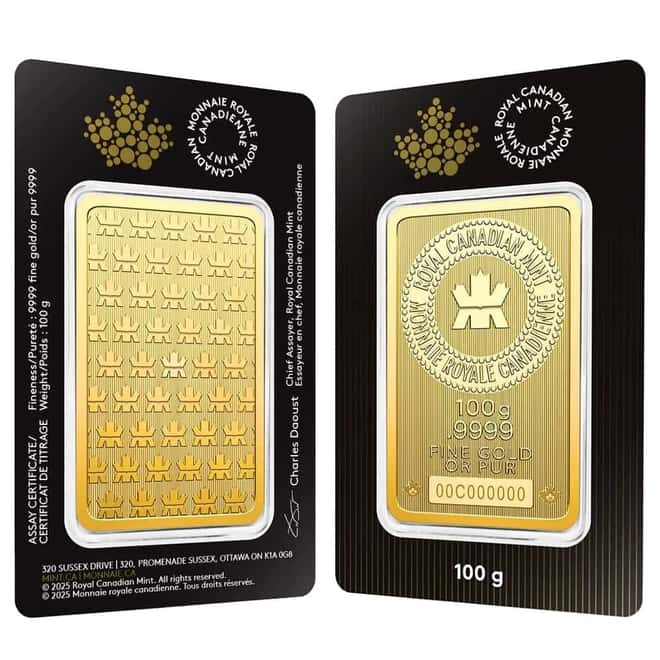 100 Gram Royal Canadian Mint RCM Wafer Gold Bar .9999 Fine (in Assay)