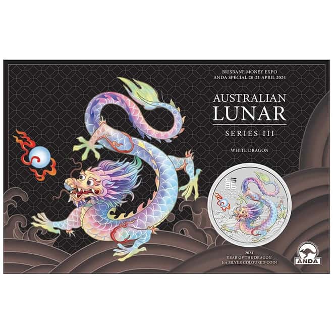 2024 1 oz Colorized Silver Lunar White Dragon Coin Perth Mint Show