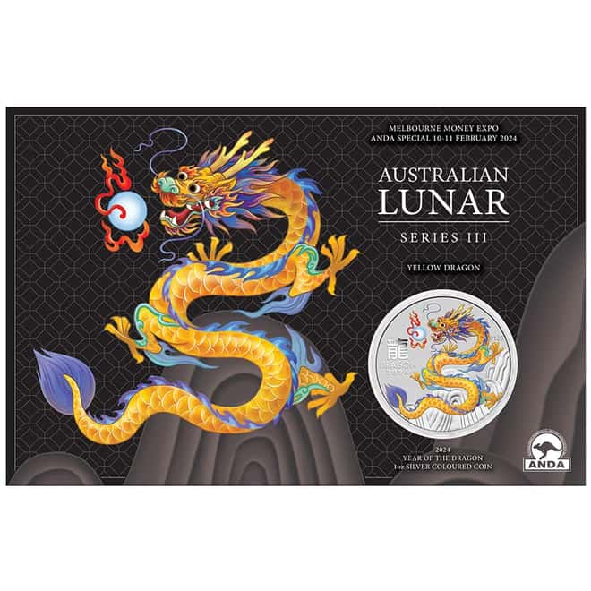 2024 1 oz Colorized Silver Lunar Yellow Dragon Coin Perth Mint ANDA Expo