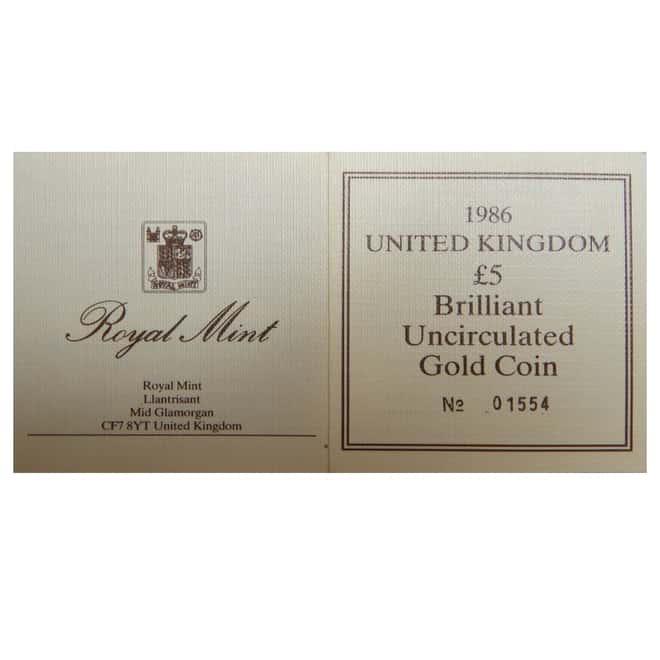 1986 Great Britain Queen Elizabeth II 5 Pound Gold Coin w/Box & COA