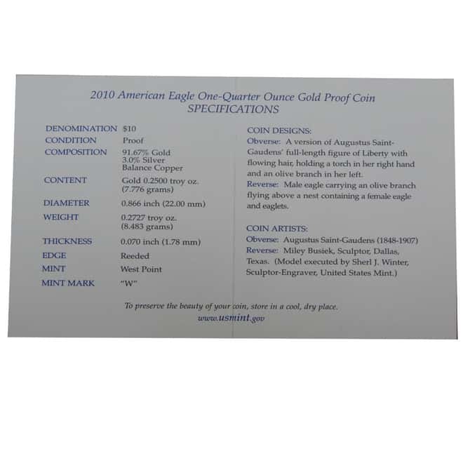 2010 W 1/4 oz $10 Proof Gold Eagle (w/Box & COA) 