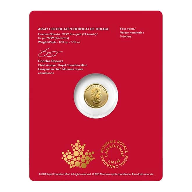 2022 1/10 oz Canadian Treasured Gold Maple Leaf $5 Coin BU - Year of the Tiger