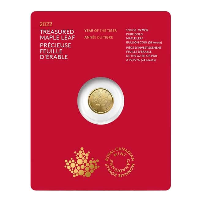 2022 1/10 oz Canadian Treasured Gold Maple Leaf $5 Coin BU - Year of the Tiger