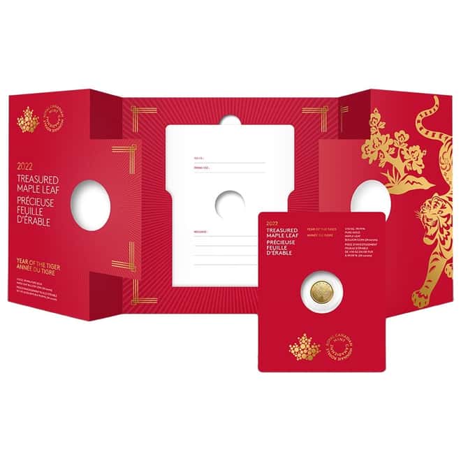 2022 1/10 oz Canadian Treasured Gold Maple Leaf $5 Coin BU - Year of the Tiger