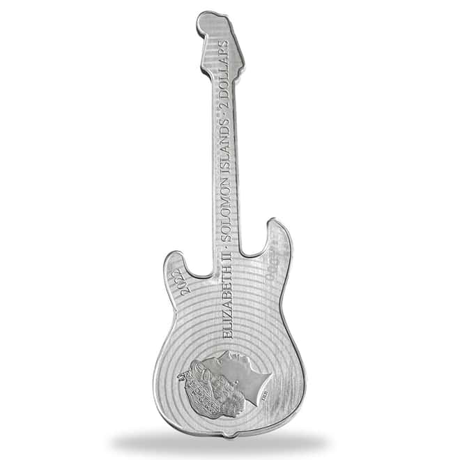 2022 1 oz Silver Fender Stratocaster Fiesta Red Guitar Shaped Coin Solomon Islands .9999 Fine (w/Box)