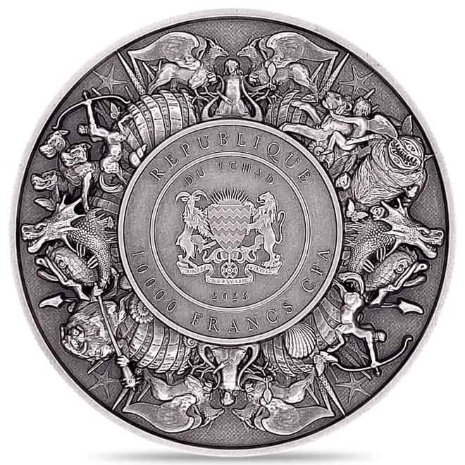 2023 Chad 2 oz Silver Dragon and Cyclops - Mythical Creatures Coin Serial #8 Antiqued High Relief (w/Box)