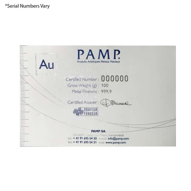 100 gram Gold Bar - Pamp Suisse (Cast, w/Assay)