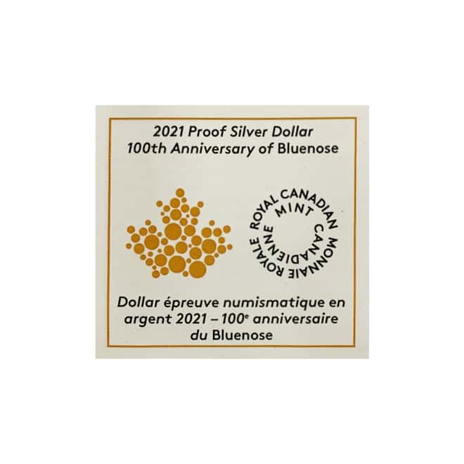 2021 Canada 3/4 oz Proof Silver Dollar 100th Anniv of Bluenose .9999 Fine (w/Box & COA)