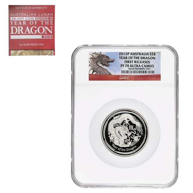 2012 5 oz Proof Silver Lunar Dragon Australian Perth Mint NGC PF 70 FR