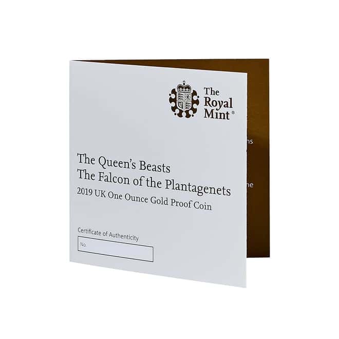 2019 Great Britain 1 oz Proof Gold Queen's Beasts Falcon of the Plantagenets Coin .9999 Fine (w/Box & COA)