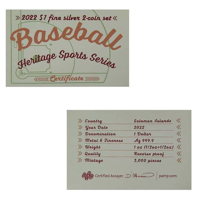 2022 Solomon Islands 1 oz Silver Baseball 2-Coin Set - Heritage Sports .9999 Fine (w/Box & COA)