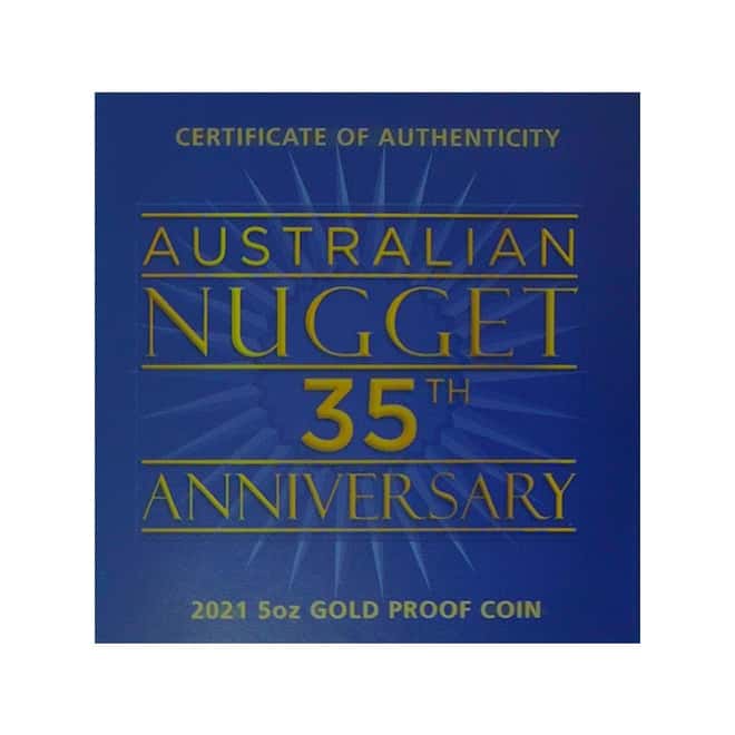 2021 5 oz Proof Gold Australian Kangaroo Nugget 35th Ann Perth Mint Coin .9999 Fine (w/Box & COA)