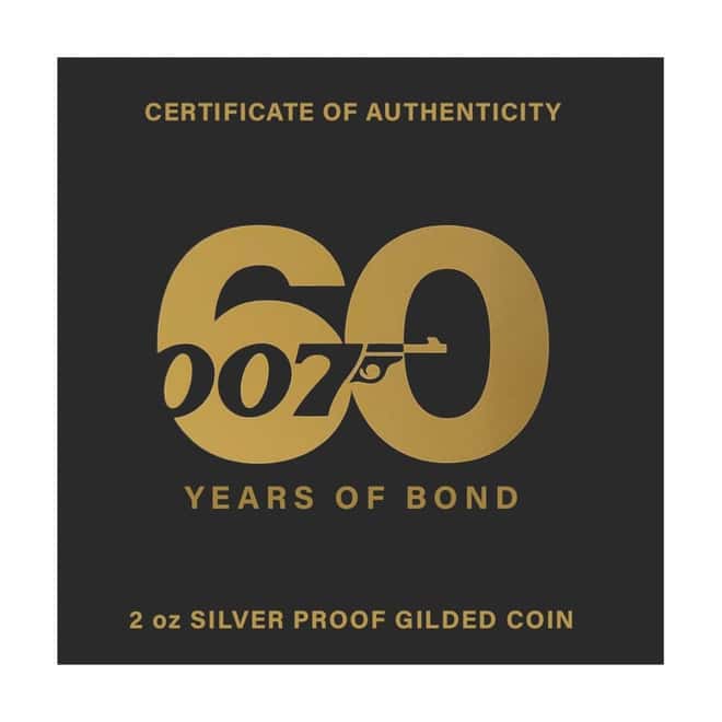 2022 2 oz Tuvalu James Bond - 60 Years of Bond Proof Gilded Silver Coin .9999 Fine (w/Box & COA)