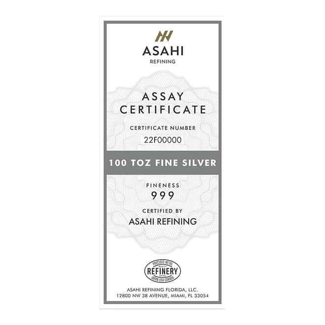 100 oz Asahi Silver Bar .999 Fine (Serialized)