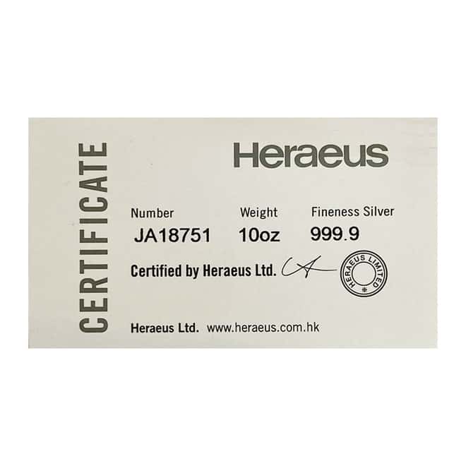 Lot of 10 - 10 oz Heraeus Silver Bar .9999 Fine (w/COA)