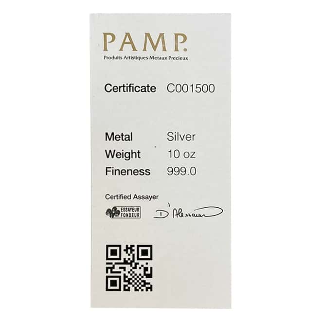10 oz PAMP Suisse Silver Cast Bar .999 Fine (w/Assay)