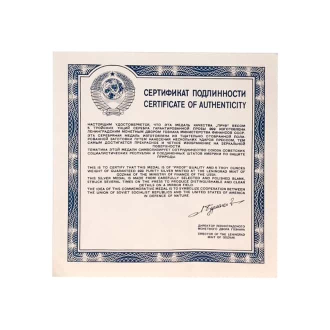 1987 Russia USSR 5 oz Defence of Nature Proof Silver Medal (w/Box & COA)