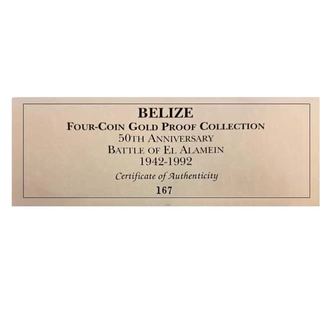 1992 1.85 oz Belize 50th Ann. Battle of El Alamein Gold 4-Coin Set