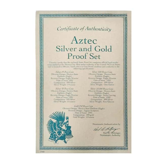 1992 Mexico Gold/Silver Aztec Proof 5-Coin Set (w/Box & COA)