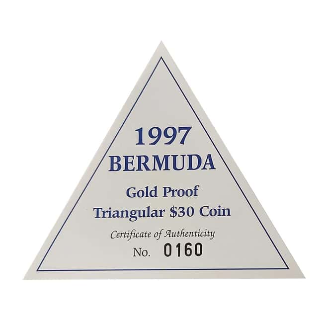 1997 Bermuda 15.16 gram Proof Gold Sea Venture Triangular Coin .999 Fine (w/Box & COA)