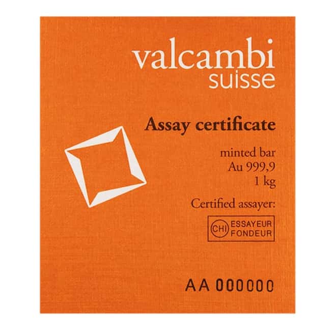 1 Kilo Gold Bar Valcambi Suisse .9999 Fine (w/Assay)