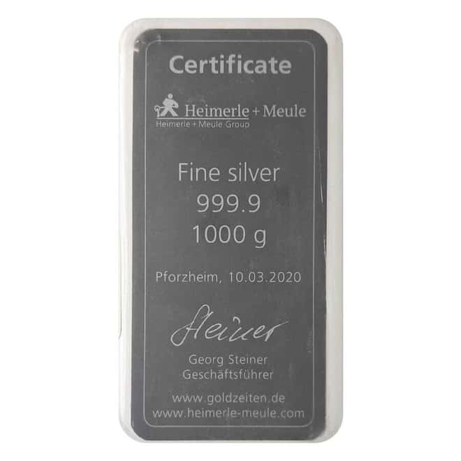 1 Kilo Heimerle & Meule Silver Cast Bar .9999 Fine (Sealed, w/COA)