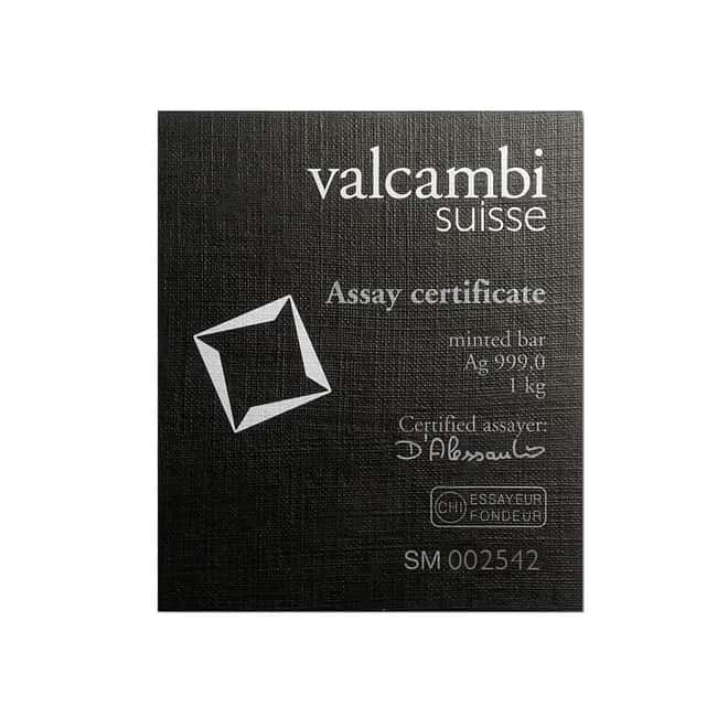 1 Kilo Silver Bar Valcambi Suisse Matte .999 Fine (w/Assay)