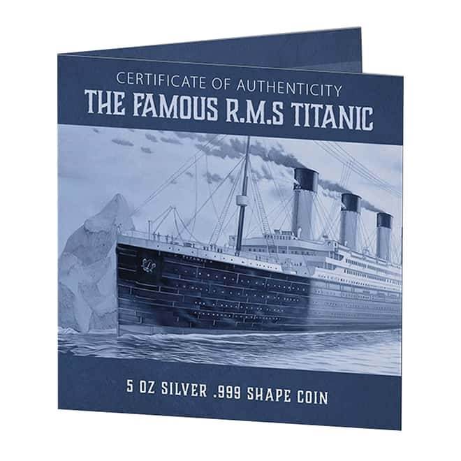 2022 5 oz Silver Titanic Shaped Coin Solomon Islands .999 Fine (w/Box & COA)