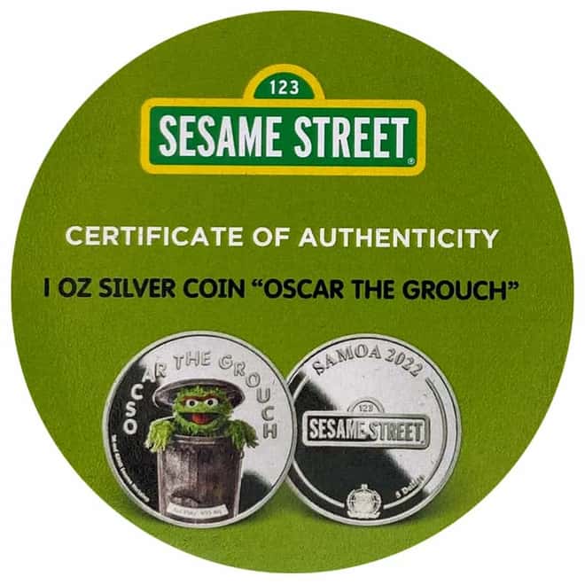 2022 Samoa 1 oz Colorized Silver Oscar The Grouch Coin - Sesame Street .999 Fine (w/Box & COA)
