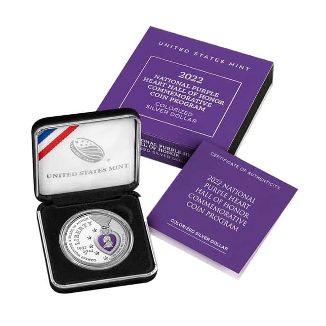 2022-W Purple Heart Colorized Silver Dollar $1 (w/Box & COA)