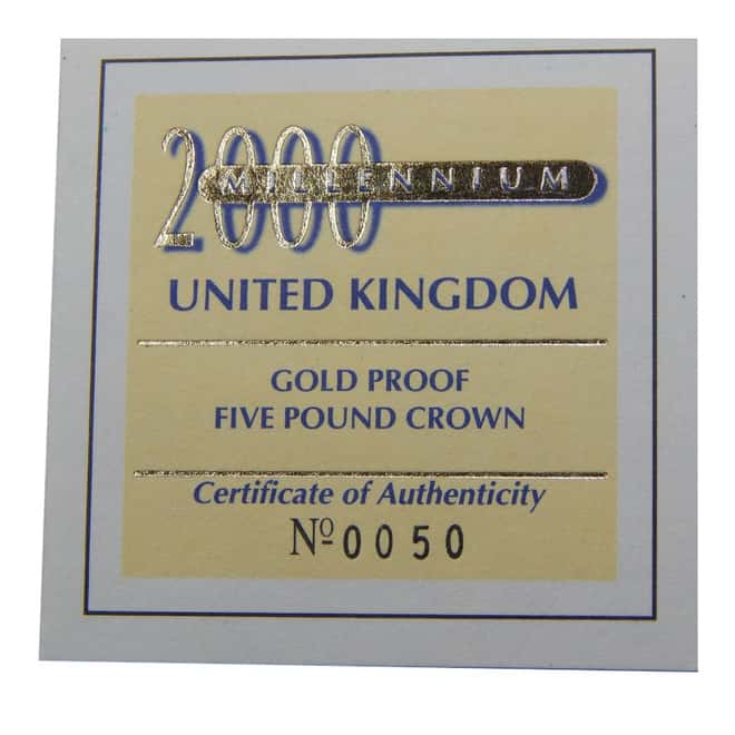 1999 1.284 oz QE2 Millennium Gold Proof Five Pound Crown (w/Box & COA)