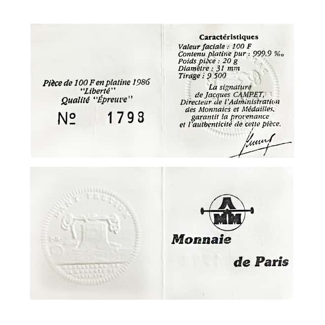 1986 Platinum 100 Francs APW .643 Statue of Liberty Proof Coin (W/Box&COA)