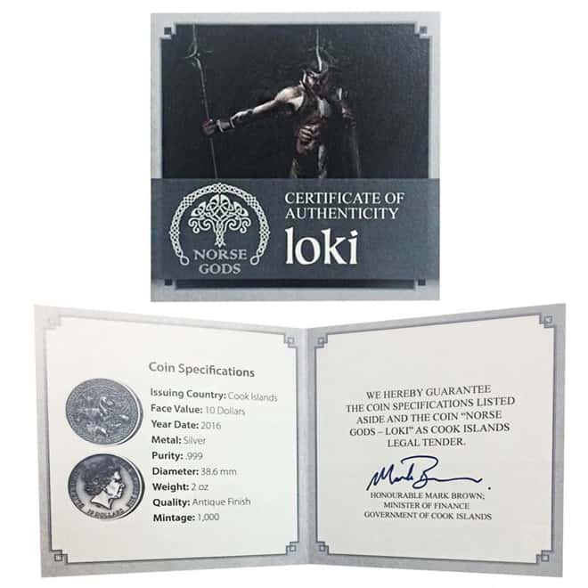 2016 2 oz Cook Islands Silver Norse Gods Loki Ultra High Relief NGC MS 70 Antiqued First Releases w/COA
