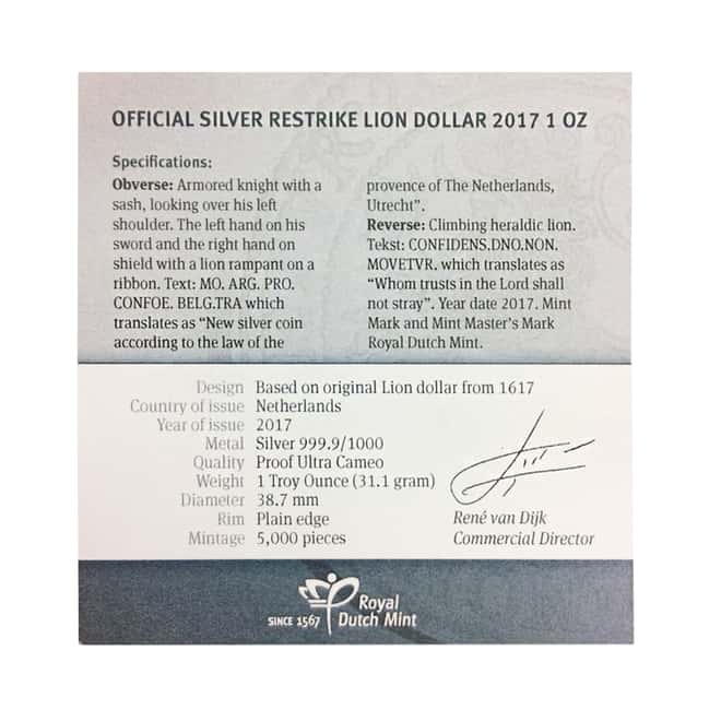 2017 Netherlands Silver 1 oz Lion Dollar Proof Restrike NGC PF 70